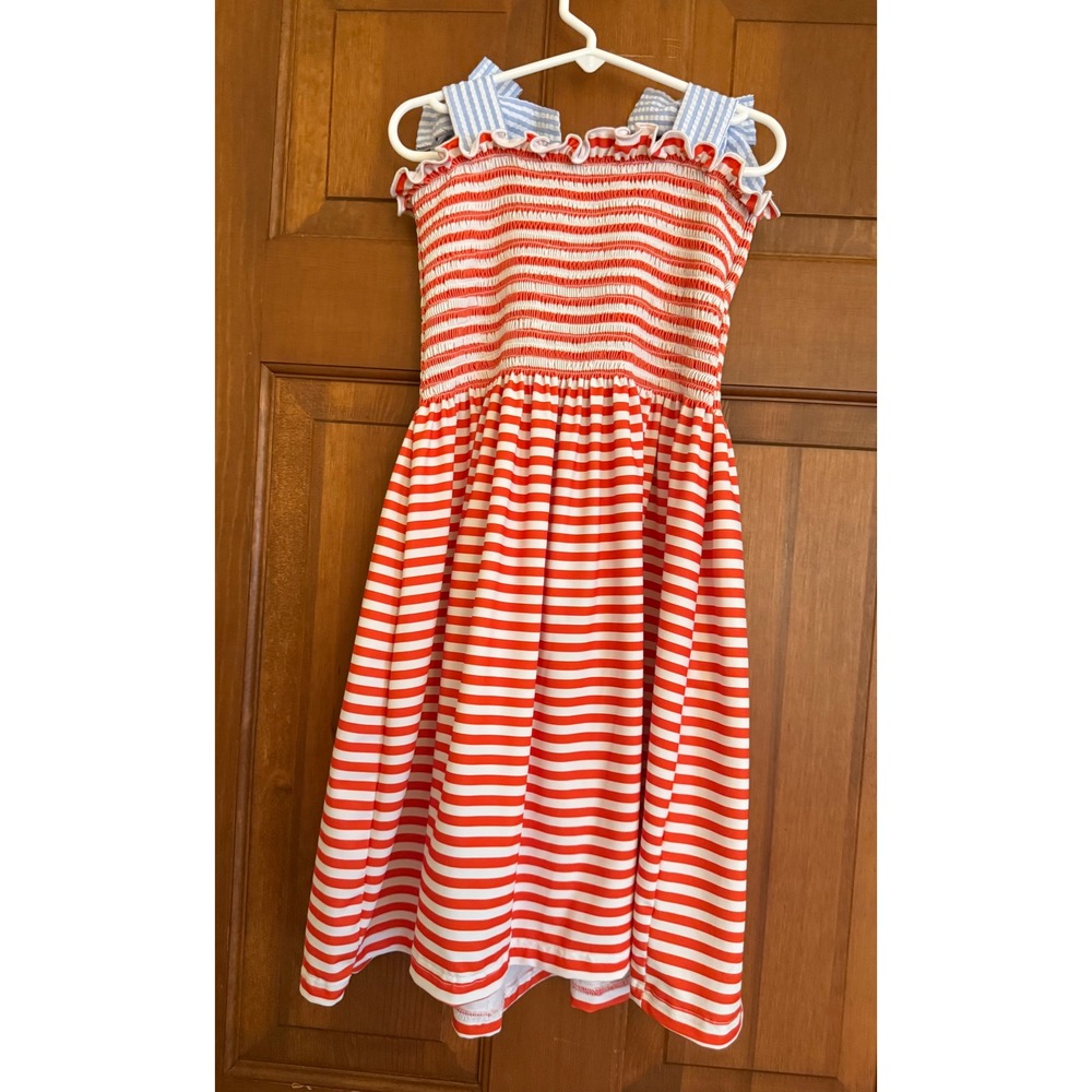 BB Baby Crab Smocked Sundress Girls Size 7 Striped Bow Sleeves Summer Resortwear - Picture 7 of 15